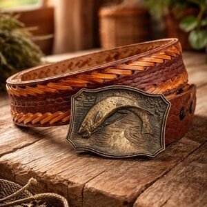 Vintage Fly Fishing Leather Belt Fish Buckle Brown Tan Woven Western Lodge | 39"